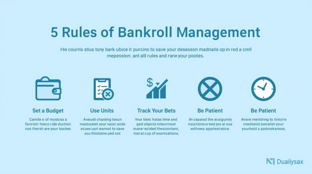 A flat-style digital illustration infographic titled “Bankroll Management in Sports Betting: 5 Beginner Tips.” The design uses a sky-blue theme to match Oasis Prediction branding. Icons represent budgeting, money management, discipline, and betting slips. The infographic highlights five rules: Set a Budget, Use Units, Track Your Bets, Avoid Chasing Losses, and Be Patient.