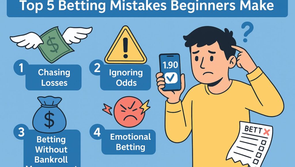 A flat-style illustration showing a beginner sports bettor looking confused while checking betting odds on a mobile phone, with icons of common mistakes like money flying away, wrong odds, and emotional betting symbols.